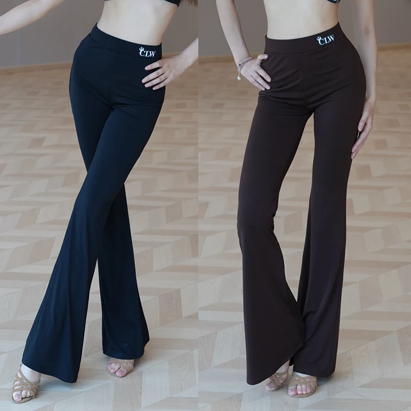 

Новые брюки для латинских танцев, женские брюки с высокой талией, черные, коричневые расклешенные брюки для взрослых, румба-ча-ча, одежда для бальных танцев DNV24495