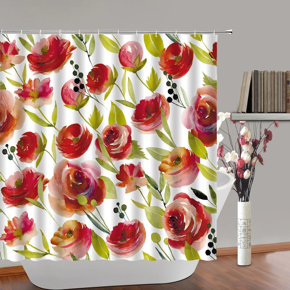 Red Floral Poppy Shower Curtain Watercolor Rose Rustic Vintage Flower Blossom Peony Green Leaves Fabric Bathroom Curtains Sets