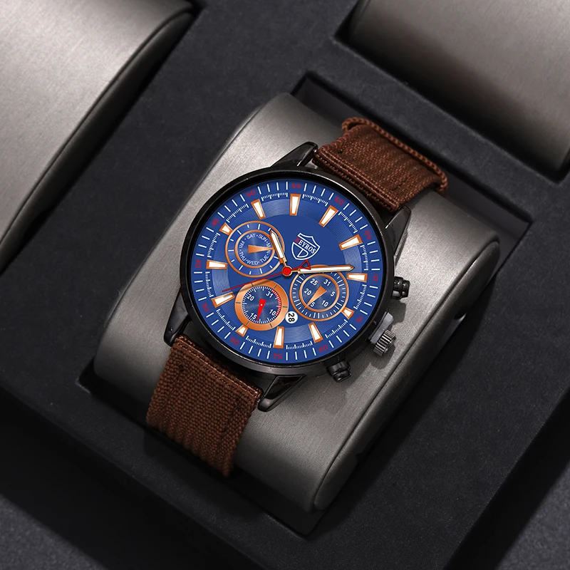 2PCS Set Fashion Mens Watches Man Business Quartz Wristwatch Luxury Nylon Wristwatch Men Casual Brown Wallet Set