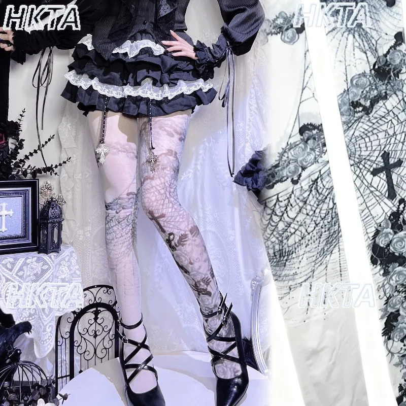 

Spider Rose Bat Gothic Lolita Socks Women Spring Summer Printed Pantyhose Lolita Girls Lo Socks Y2K Tight Leggings Tights Girls