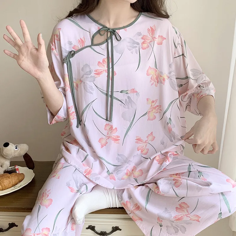 

Spring National Pajama Sets Women's Home Clothes Autumn Three-quarter Sleeves Wide-leg Pants Two-piece Chinese Pijama Feminino