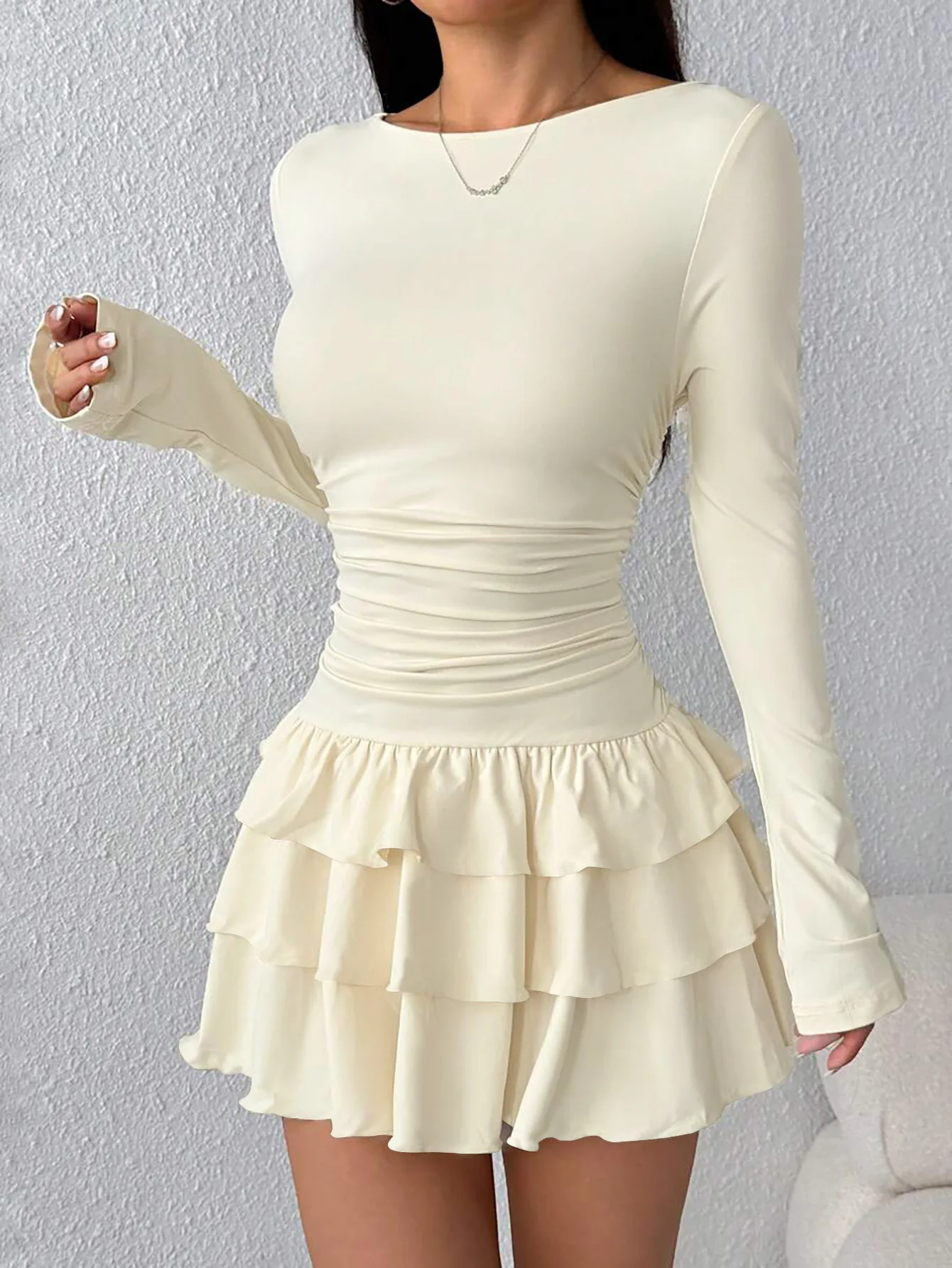 

Spring Autumn Dress Solid Color Casual Daily Fashion Commuter Style Clothing Long-sleeved Round Neck Mid-waist Short Dresses