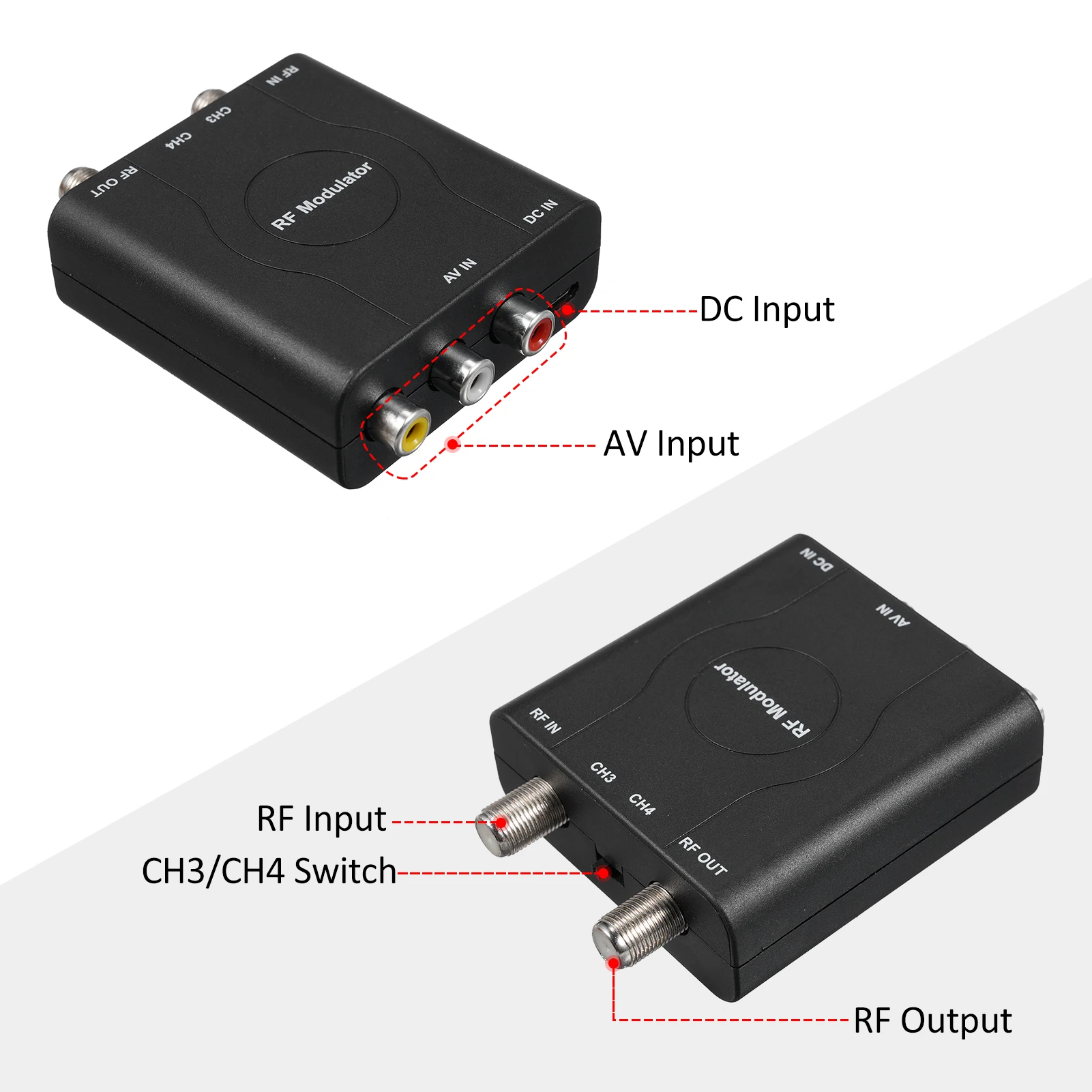 RF Analog Signal Modulator AV to RF Converter NTSC CH3/CH4 Channels Video Input Adapter for TVs VHF Demodulator Converter