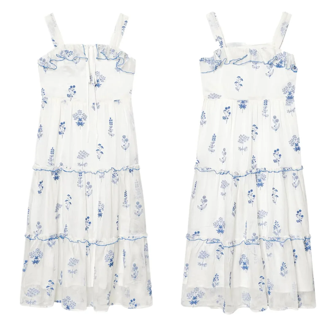 

Maxdutti Minimalist Women's Hollowed Out Flower Embroidered Ruffle Edge Dress Woman Clothes Party Dresses Vestidos