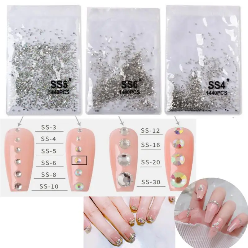 1440pcs 3D Non HotFix FlatBack Nail Art Nail Clear Golden Back Stones Round SS3-SS6 Crystal AB Nail Rhinestones Nail Diamond