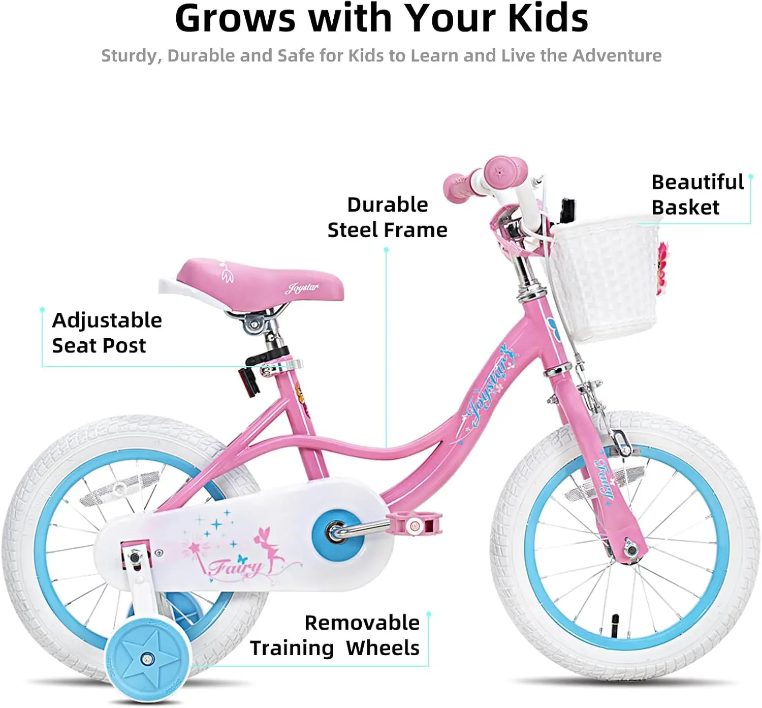 Fairy Girls Bike for Toddlers and Kids Ages 2-8 Years Old, 16 Inch Kids Bike with Training Wheels, Handbrake and Basket