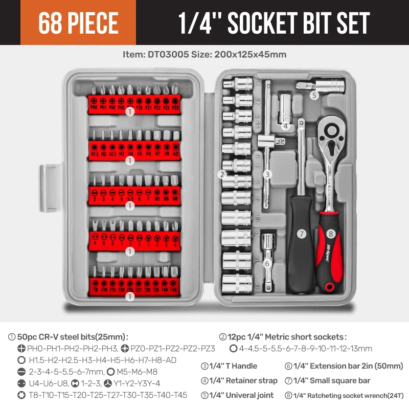 Hi-Spec-Kit d'outils de réparation de voiture, boîte à outils mécaniques, douille à cliquet, embouts de tournevis, ensembles d'outils à main, 68 pièces, 1/4 pouces