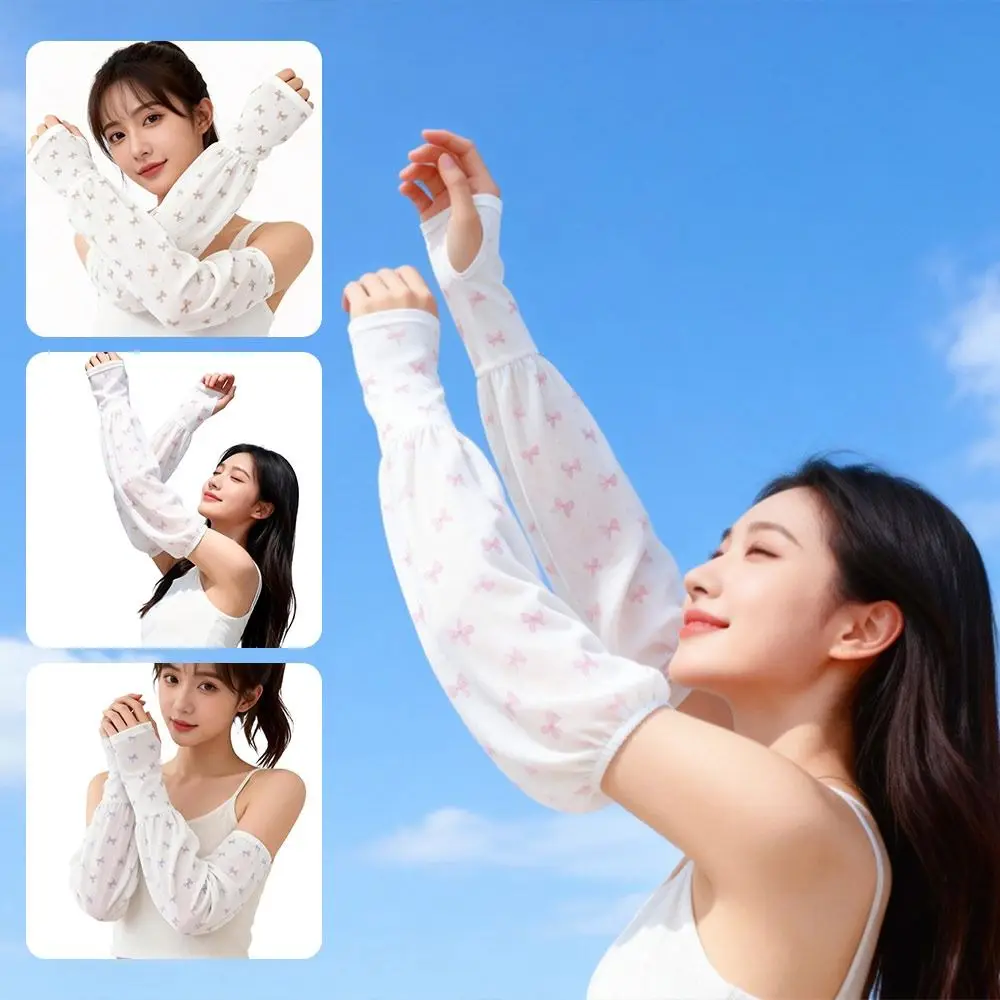 

Новые летние перчатки из ледяного шелка для защиты от солнца, УФ-защита, мягкие напальчники с принтом, бантом, средства для защиты от солнца