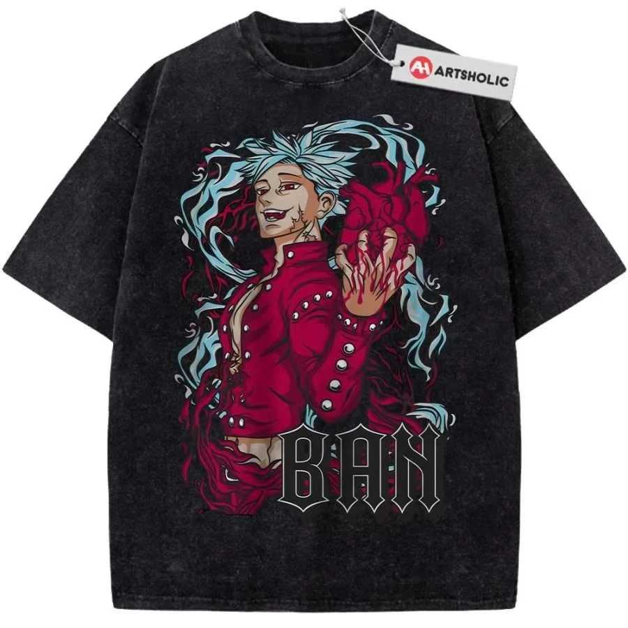 Hot Sale Anime Peripherals The Seven Deadly Sins Ban Graphic Print T-shirt Men Women Vintage Washed O-neck Cotton Summer New Tee