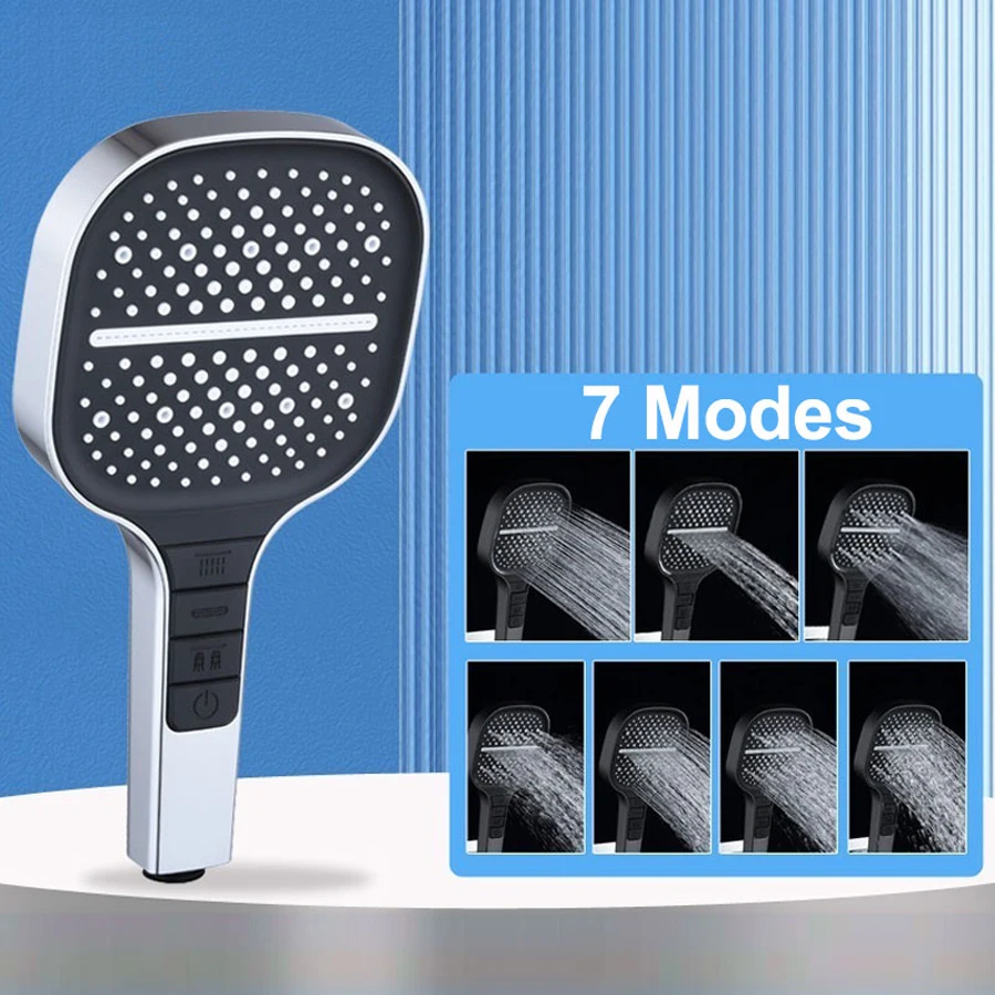 

High Pressure Shower Heads 7 Spray Modes Water Saving Handheld Powerful Square Large Shower Head with Hose Bathroom Accessories