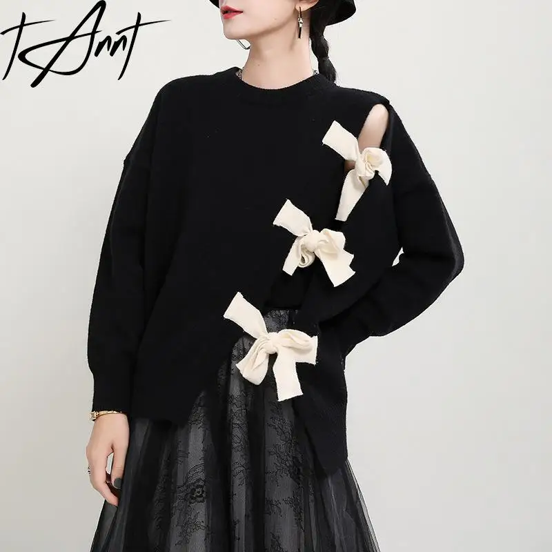 

Tannt Women Sweater Hollow Out Bow Bandage Black Knitting Tops Asymmetric Vintage Fashion Long Pullover Knitting Sweaters 2025