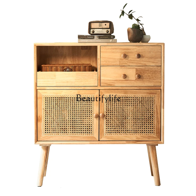 

Rattan locker Solid wood Nordic rattan side cabinet Homestay storage is simple