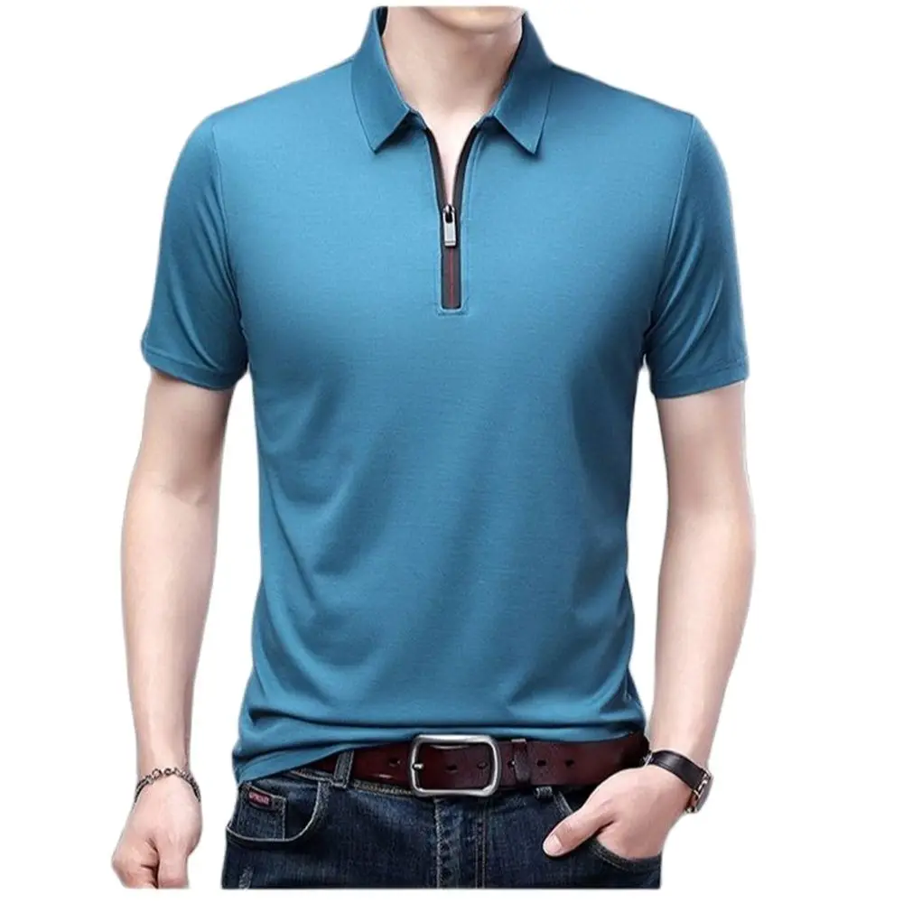 Ice Silk Cool Men\'s Polo Short Sleeve T-shirt Half Sleeve 2023 Summer Large Thin Half Sleeve POLO Zipper Top