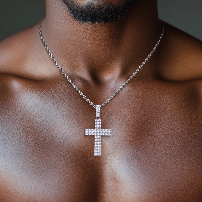 MossanRappr Moissanite Bling Cross Pendant Iced Out Hip Hop Necklace 925 Sterling Silver Punk Rock Jewelry Gifts for Men Women