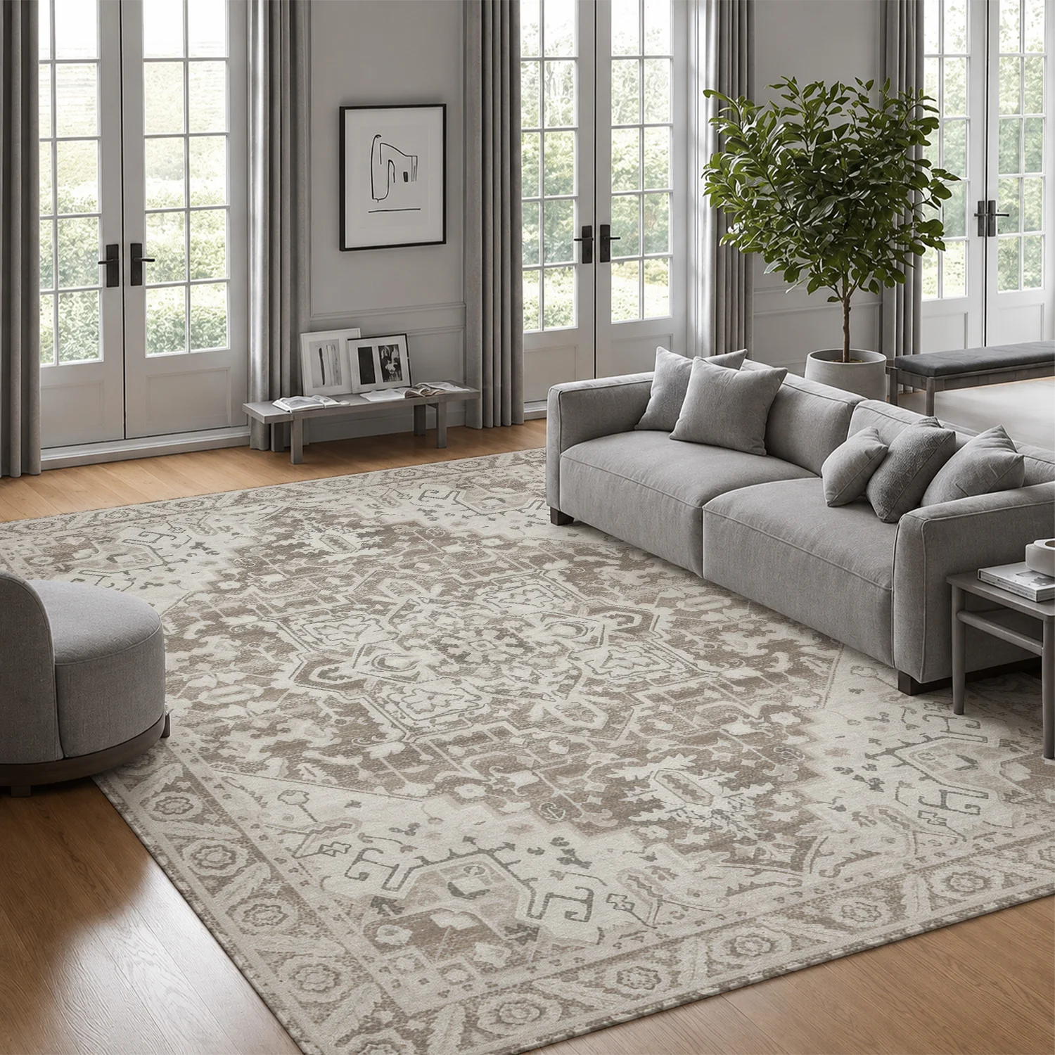 Large Indoor Area Rug, Soft Velvet Low Pile with Non-slip Dotted Backing, Machine Washable Vintage Medallion Neutral Beige Gray Floor Rug, Distressed Traditional Persian Style Carpet for Living Room Bedroom Home Decor