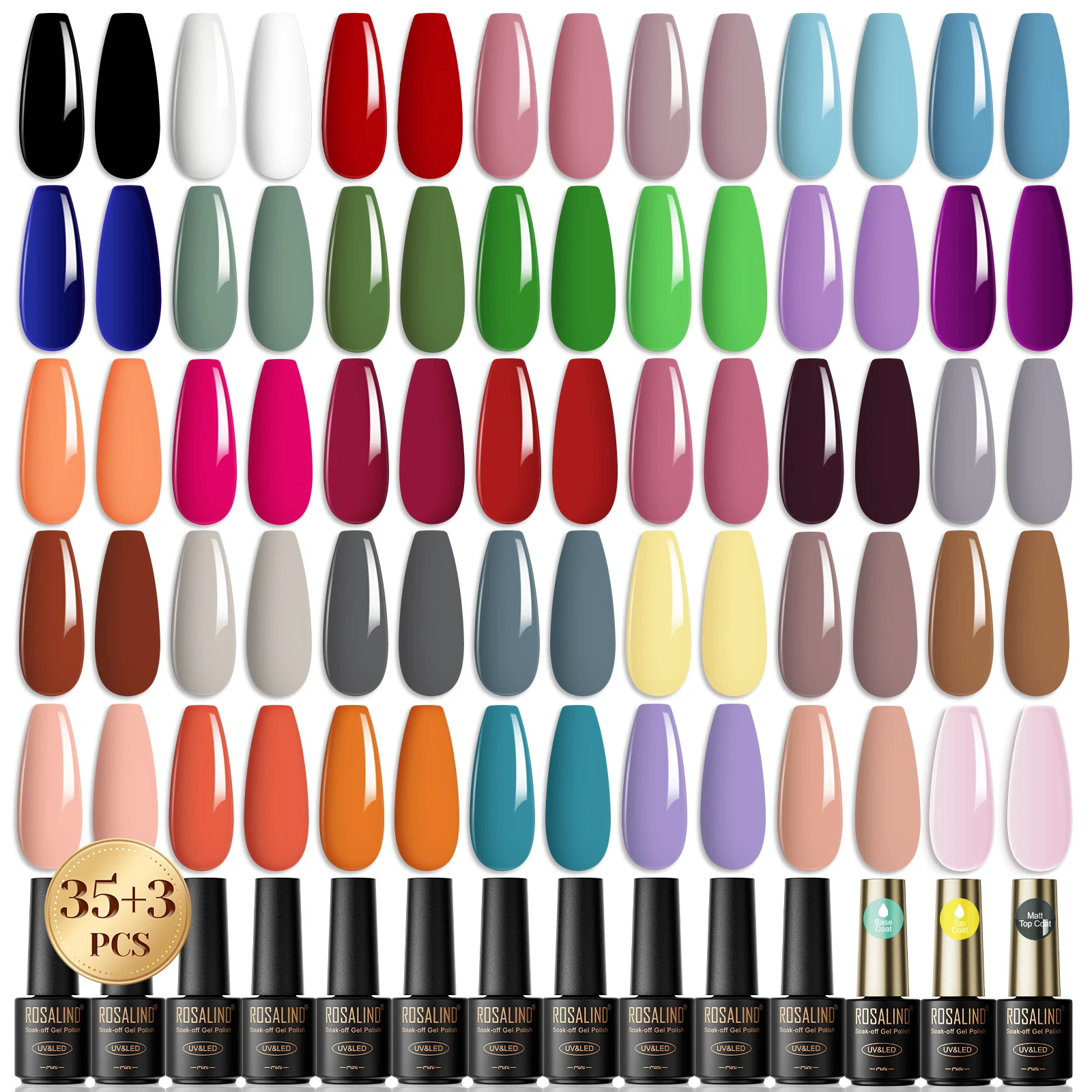 ROSALIND 38pcs Nail Art Gel Nail Polish Set UV Nail Kit Soak Off Hybrid Semi Permanent Glossy Matt Effect Base Top Coat Set