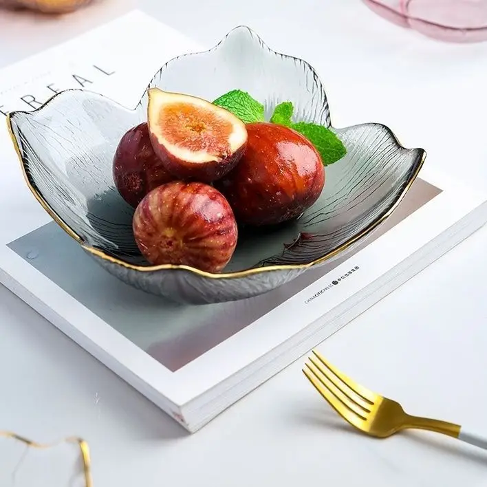 XCX 2PCS Golden-Edged Petal Glass Salad Bowls and Plates Wholesale Home Fruit Plate Creative Dessert Bowls 5