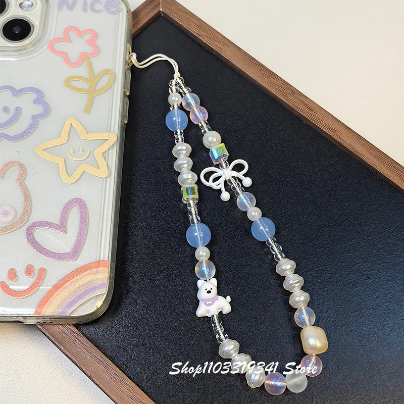 Korean Cute White Bow Puppy Beaded Phone Charms Chain For iPhone 16 Accessories Phone Strap Anti-Lost Lanyard Hanging Rope Girl view 5
