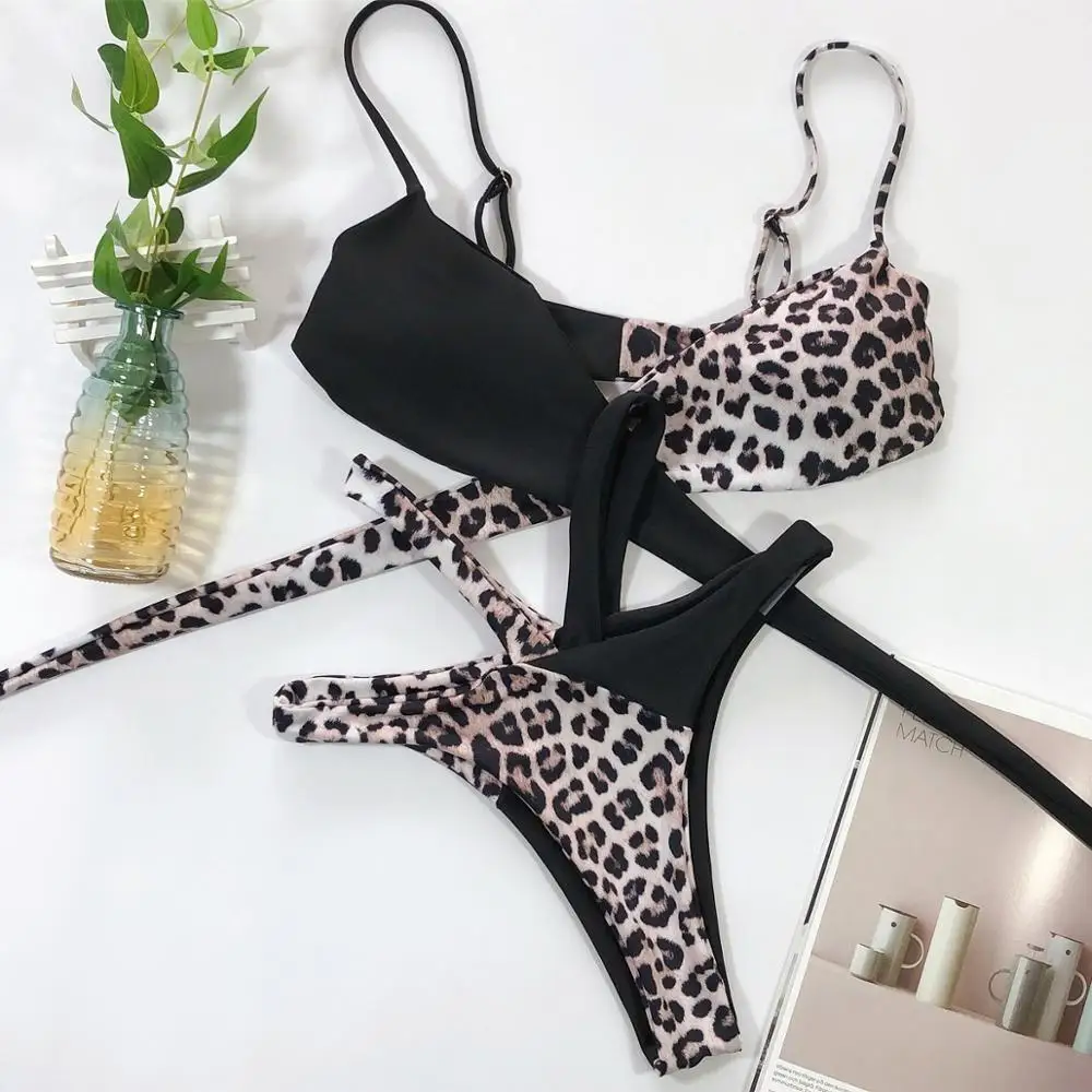 Women High Cut Bikini Swimming Suit Female Leopard Print Push Up Stitching Bikinis Set Sexy Beachwear Swimsuit