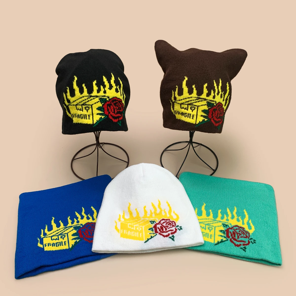 

Design Style Flame Rose Letters Knitted Hats New Men Women Warm Personal Fashion Outdoor Street Versatile ins Hip-hop Beanies