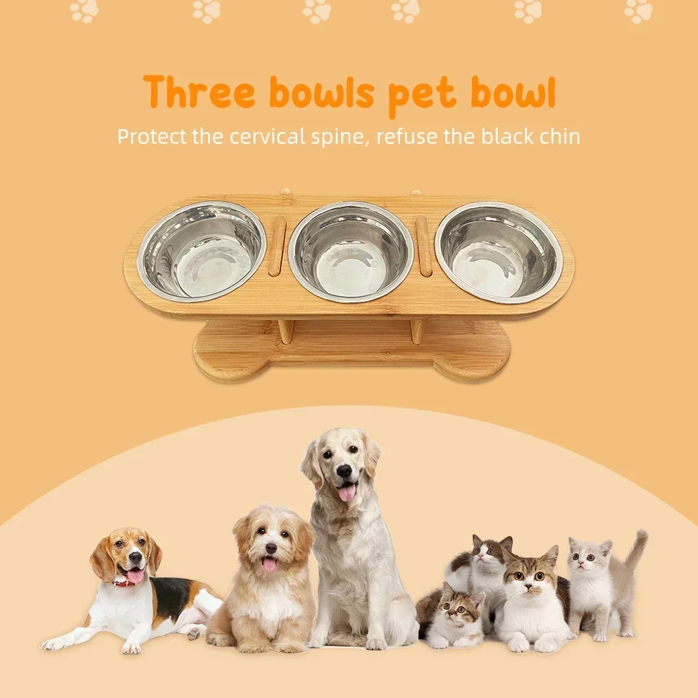 Protect Pet Cervical Spine 3 Stainless Steel Bowls Height Enhancing Dog Bowls Removable Durable Bamboo Feeder Dog Accessories