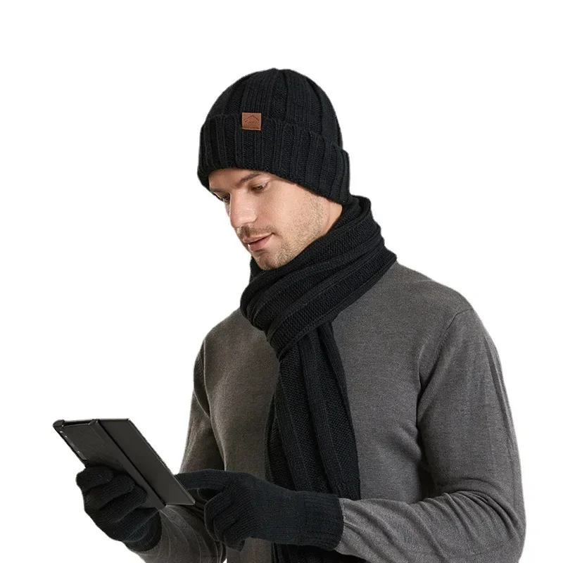 Donna uomo lavorato a maglia sciarpa lunga cappello guanti 3 pezzi Set inverno spessa peluche foderato in pile berretti cappello nero grigio