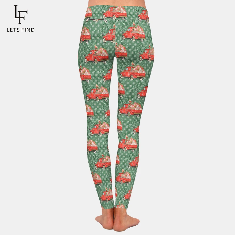 LETSFIND Winter High Waist New Christmas 3D Red Truck on Green Pattern Digital Print Fitness Pants Womens Soft Elastic Leggings