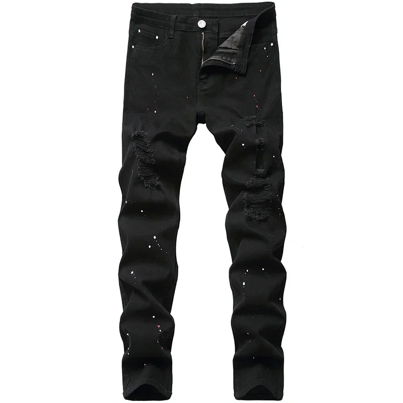 

Denim Jeans Hole Design Fashion Lacquer Foot Casual Pants Stretch Regular Fit Black Long Hip Hop Men's New Four Season Plus Size