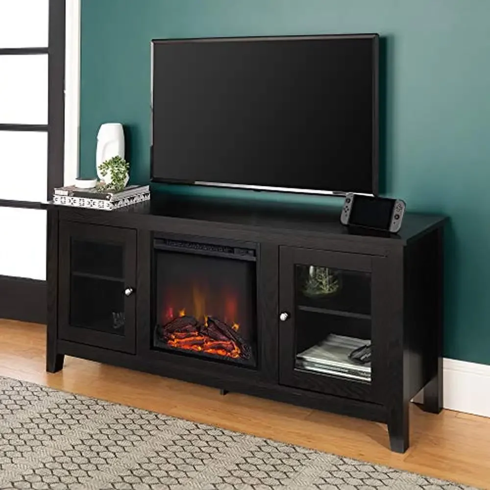 Rustic Wood Glass Fireplace TV Stand Flat Screen Living Room Storage Cabinet Shelves Entertainment Doors 64