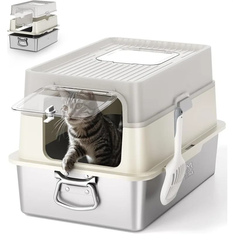 

EasyLift Stainless Steel Cat Litter Box with Lid, XL Covered Metal Litter Box with High Sides, Easy Carry Handles, Removable Lid