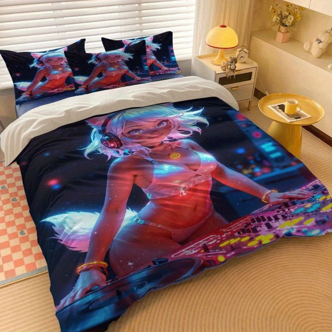 2/3pcs Quilt Cover Set with Cat Girl Neon Print Pattern, Quilt Cover Set Contains Quilt Cover and Pillowcase - Perfect