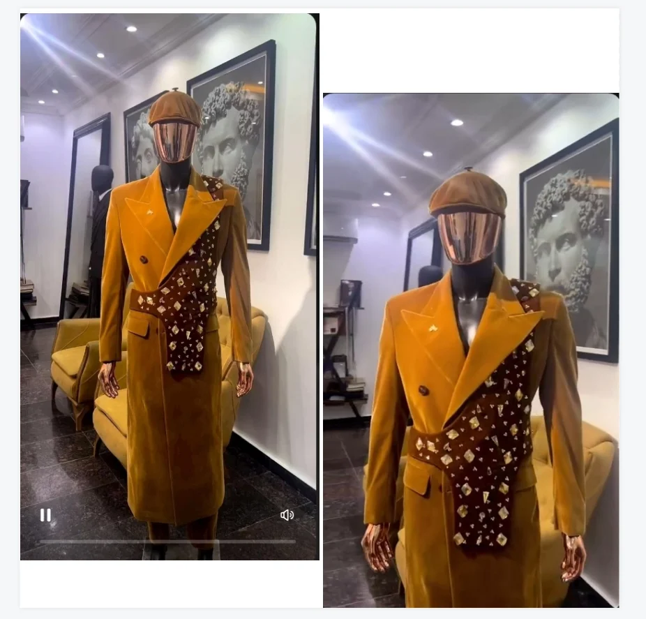 

Velvet Men Suits 1Piece Long Blazer Overcoat Luxury Stone Crystals Wedding Tuxedos Jacket Formal Office Business Male Coat