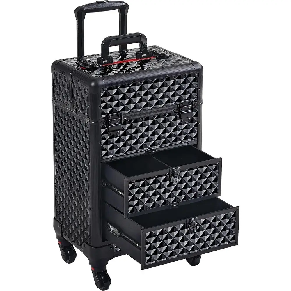 Portable Makeup Train Case with Dual Nail Carts - Durable ABS Material, Organizes Supplies, Smooth Rolling, Lockable for Travel