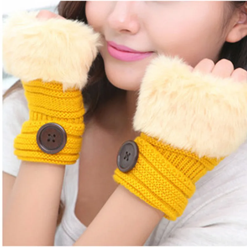 Warme Damen-Handschuhe aus Kunstkaninchenfell mit geripptem Knopf, Halbfinger, fingerlos, warm, gestrickt, Wolle