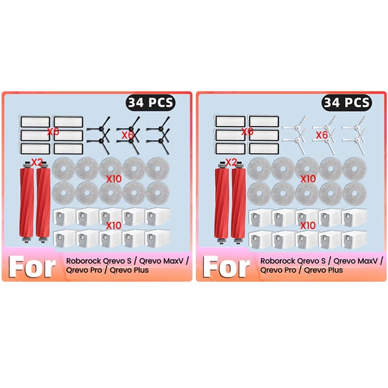 

ABWQ 34 шт. основные боковые щетки, фильтры, мешки для пыли для швабры для Roborock Qrevo Pro/Qrevo Maxv/Qrevo S/Qrevo Plus, детали для пылесоса