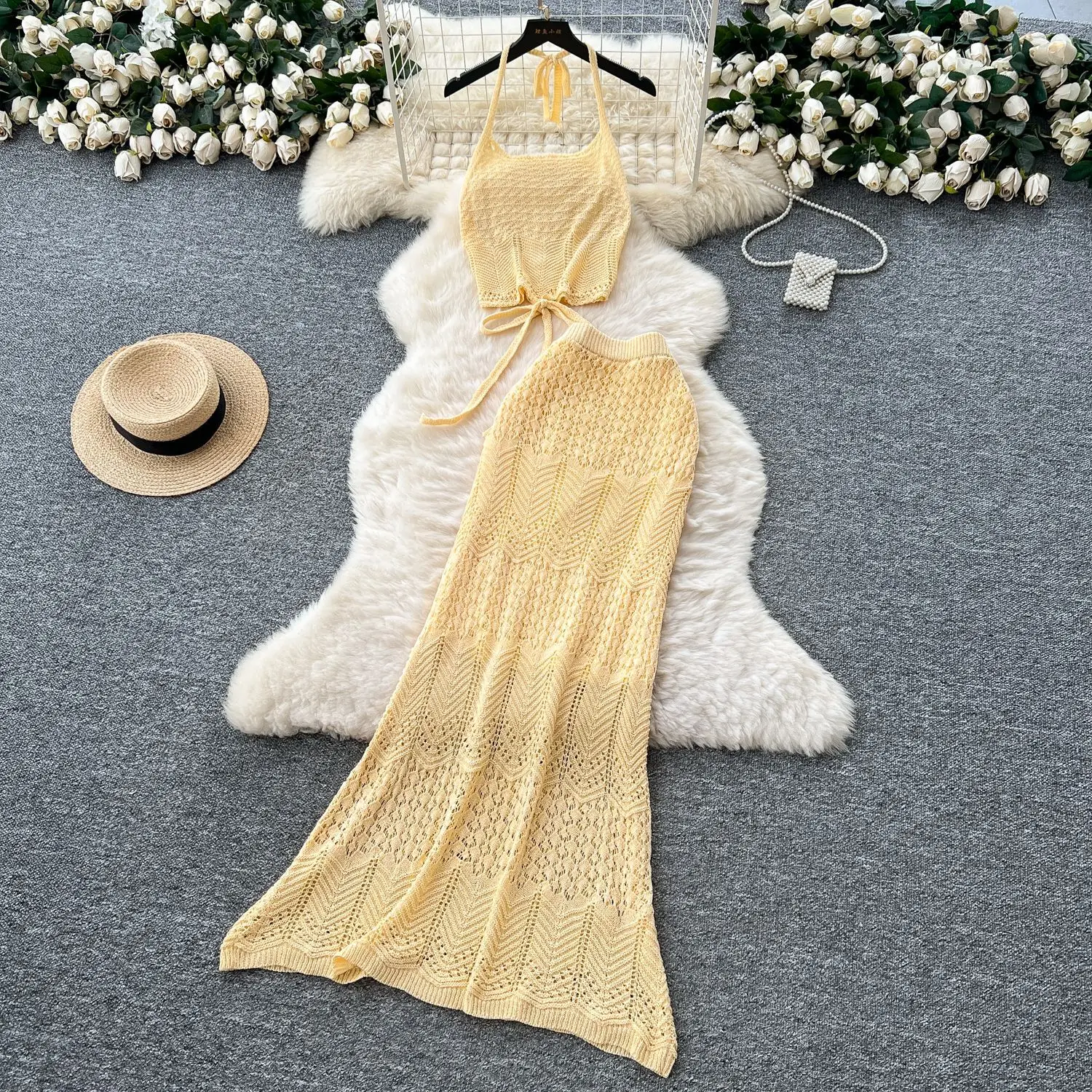 

Seaside Vacation Beach Suit Skirt Children's Summer Pure Desire Neck Strap Halter Top High Waist Knitted Skirt