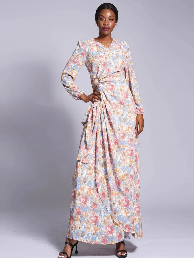 

Ramadan Eid Floral Printed Silky Djellaba Muslim Dress Dubai Fashion Abaya Was Thin Pleated Crop Muslim Robes Islam Robe WY1312