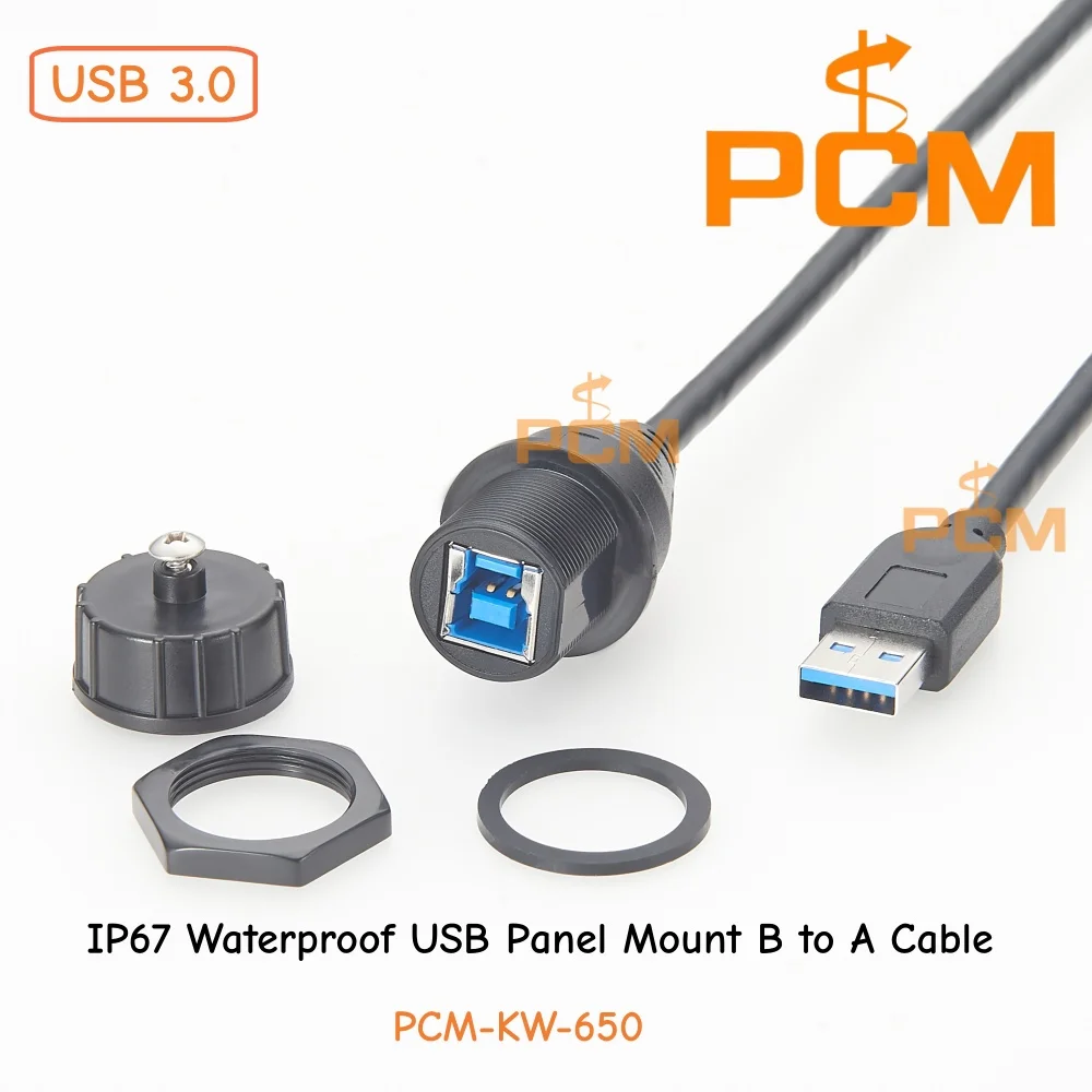 IP67 Waterproof USB 3.0 Panel Mount B to A Cable Industrial Data Extension High Speed for Outdoor Equipment