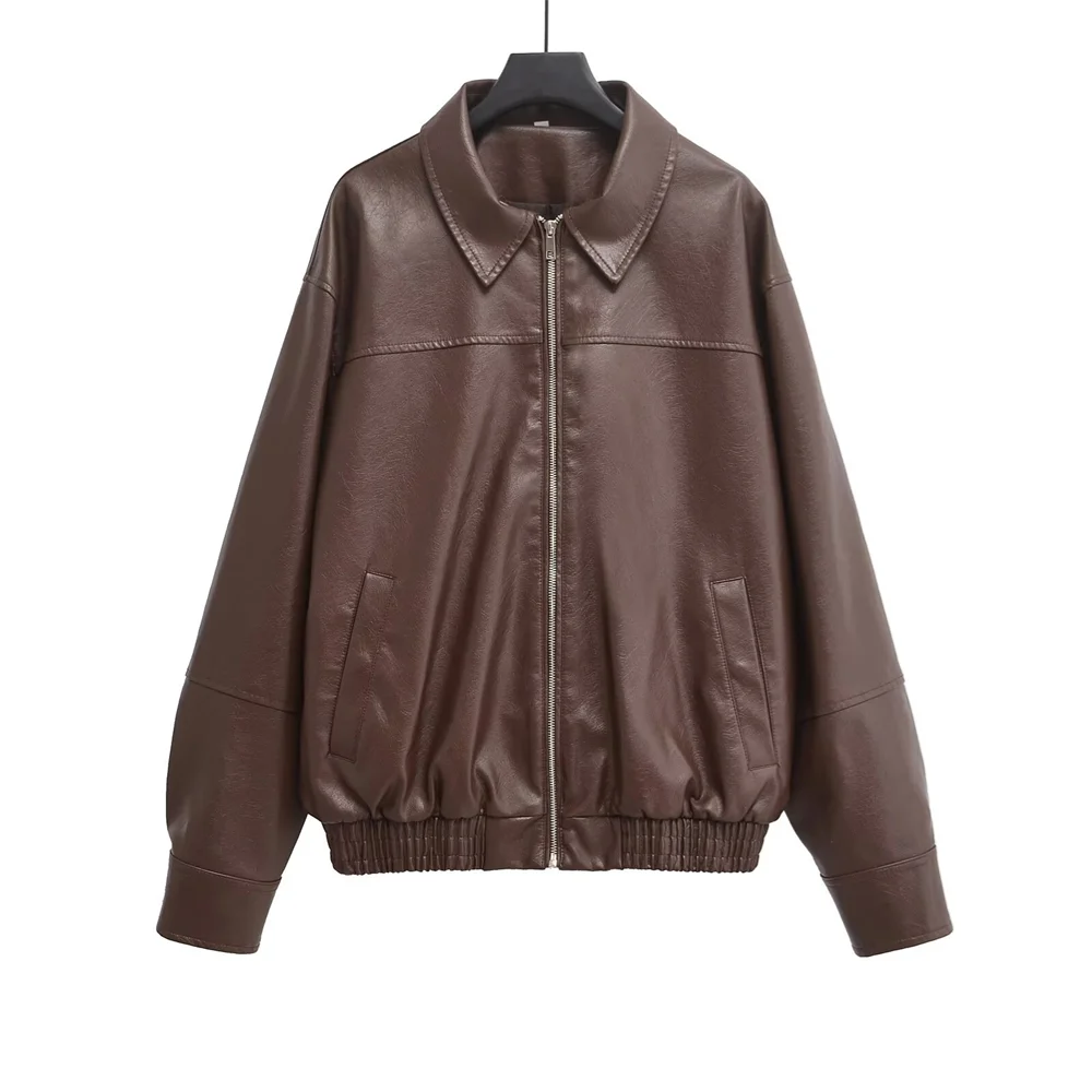 2024 Winter New Women's Clothing Style Commuting Simple Collar Long Sleeve Imitation Leather Pilot Jacket