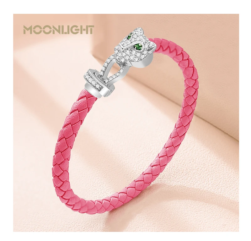 MOONLIGHT Classic Design Exquisite Cheetah Zircon Bracelet for Women Braided Leather Bracelet Quality Banquet Couples Gift