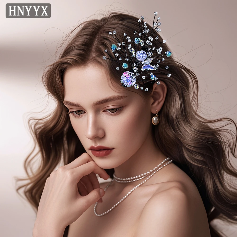 HNYYX Fashion Girl Crystal Hairpin Rose Butterfly Rhinestone Hair Accessories Baroque Hairclips Party Handmade Crown Tiara A182