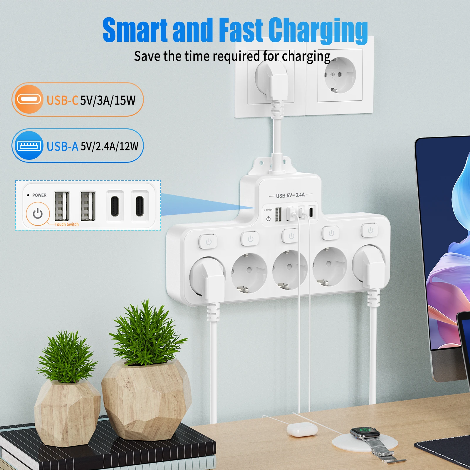 Eu Multi-plug power strip with 2 USB and 2 Type-C charging ports Power adapter Multi-function wall power socket 16A 4000W white image 5