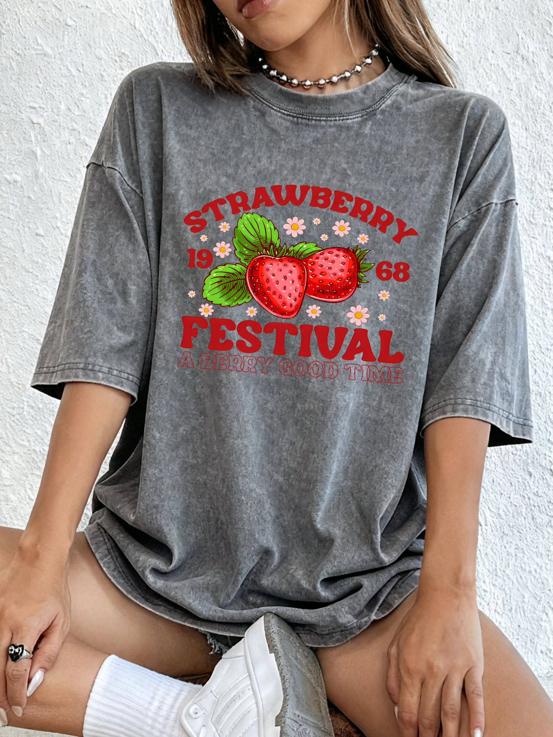 Festival de morango berry bom tempo imprime lavado camiseta feminina casual solto t camisa crewneck verão manga curta roupas algodão