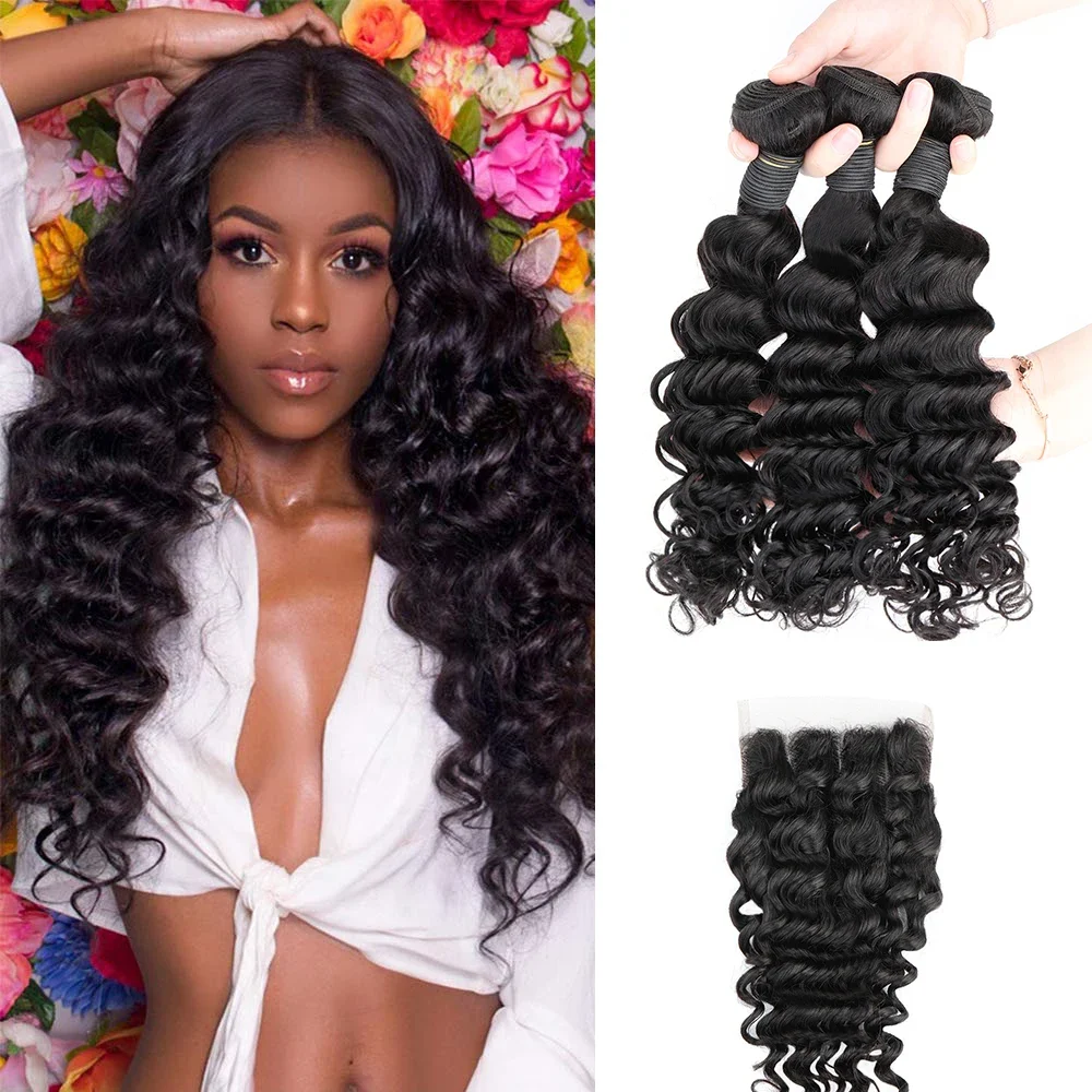 Deep Wave Human Hair Bundles with Closure 4x4 Transparent Lace Closure Brazilian Remy Weave Bundle Deep Curl Bundle with Closure