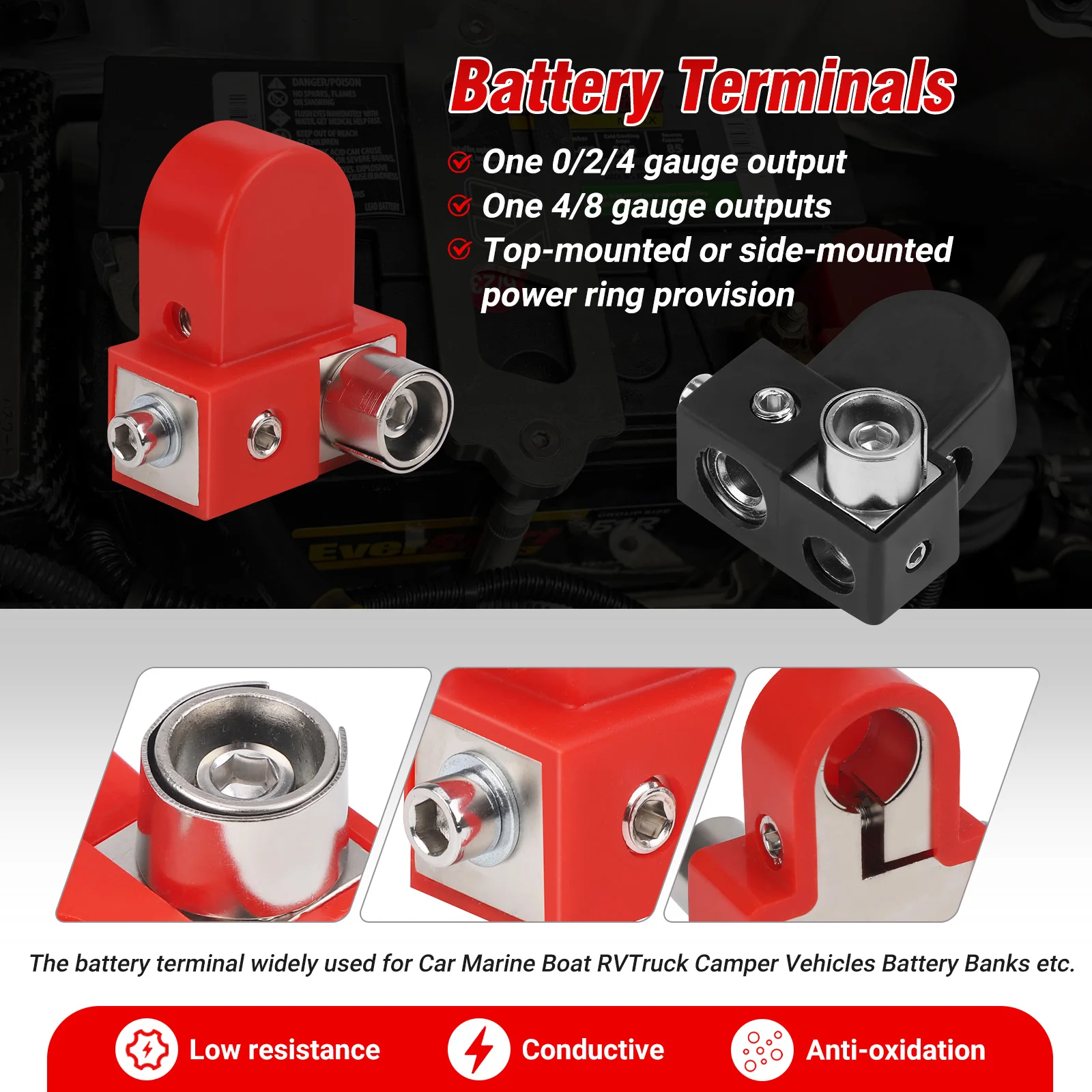 

For Car Truck Marine Boat Top Mount Side Mount Power Ring Provision Brass Battery Terminals 1X0/2/4 Gauge & 1X4/8 Gauge Outputs