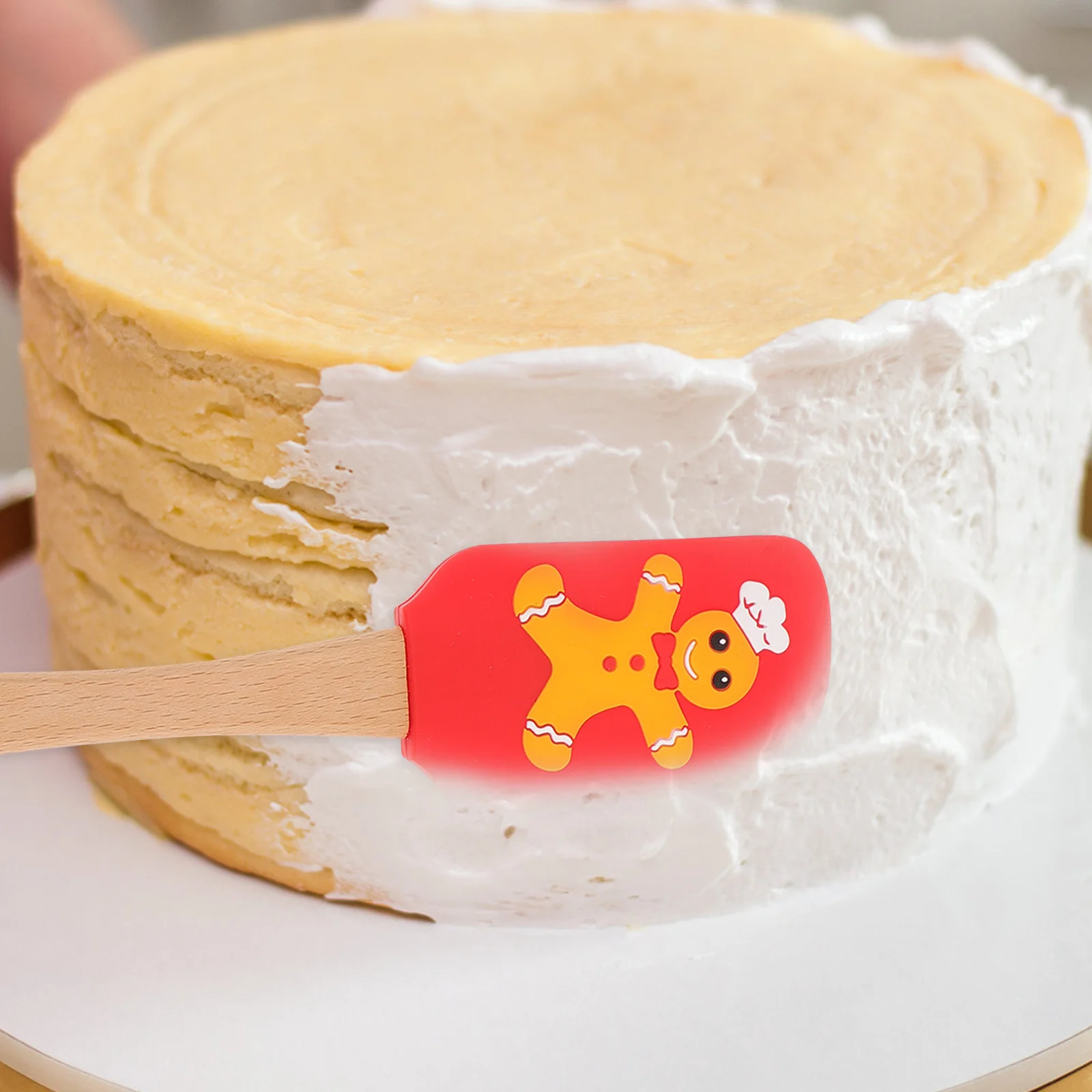 ملعقة كعكة سيليكون مقاومة للحرارة، مكشطة زبدة عيد الميلاد، مقبض خشبي، ملعقة خبز المطبخ، طباعة عيد الميلاد