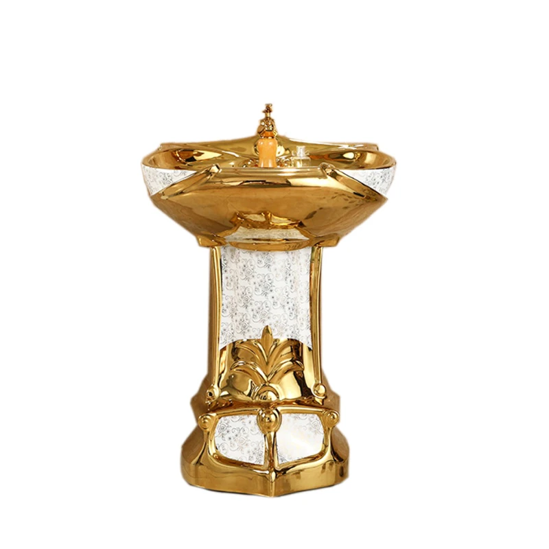 Luxury bathroom pedestal sink ceramic floor standing western style gold plating wash basin