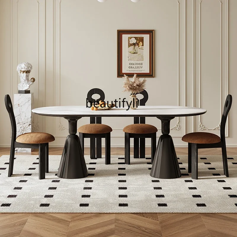 French retro rock slab dining table rectangular holy grail dining table and chairs cream style home paint dining table