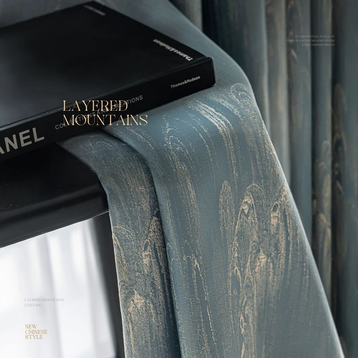 Chinese Style Blue Curtains for Living Room Bedroom Light Luxury Mountains Pattern High Blackout Curtain Decor Drapes Customized