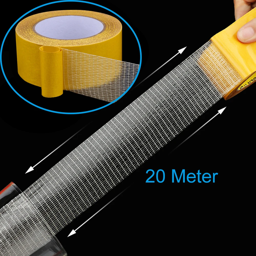 Double-sided Fiberglass Grid Sticky Adhesive Fiber Transparent Mesh Tape Strong Waterproof Tape Thick 20 Meter